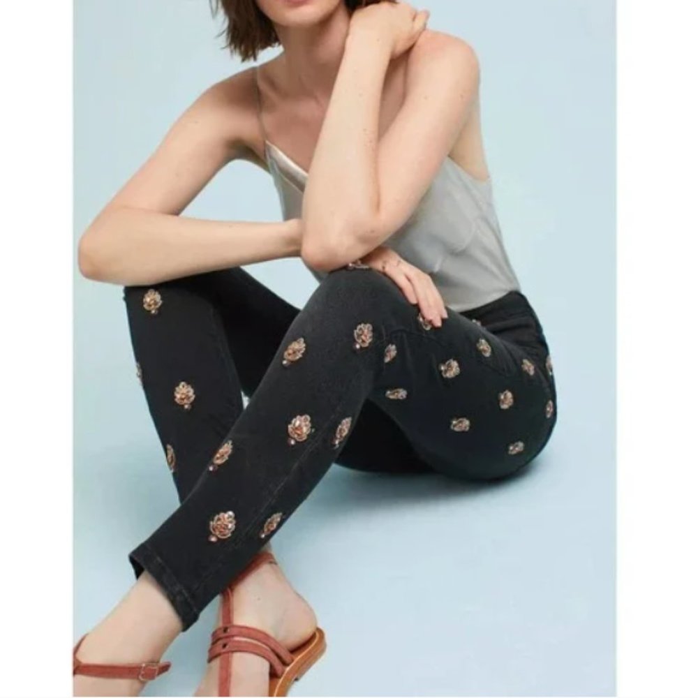 Anthropologie Pilcro "Script" Black Embellished Skinny Jeans